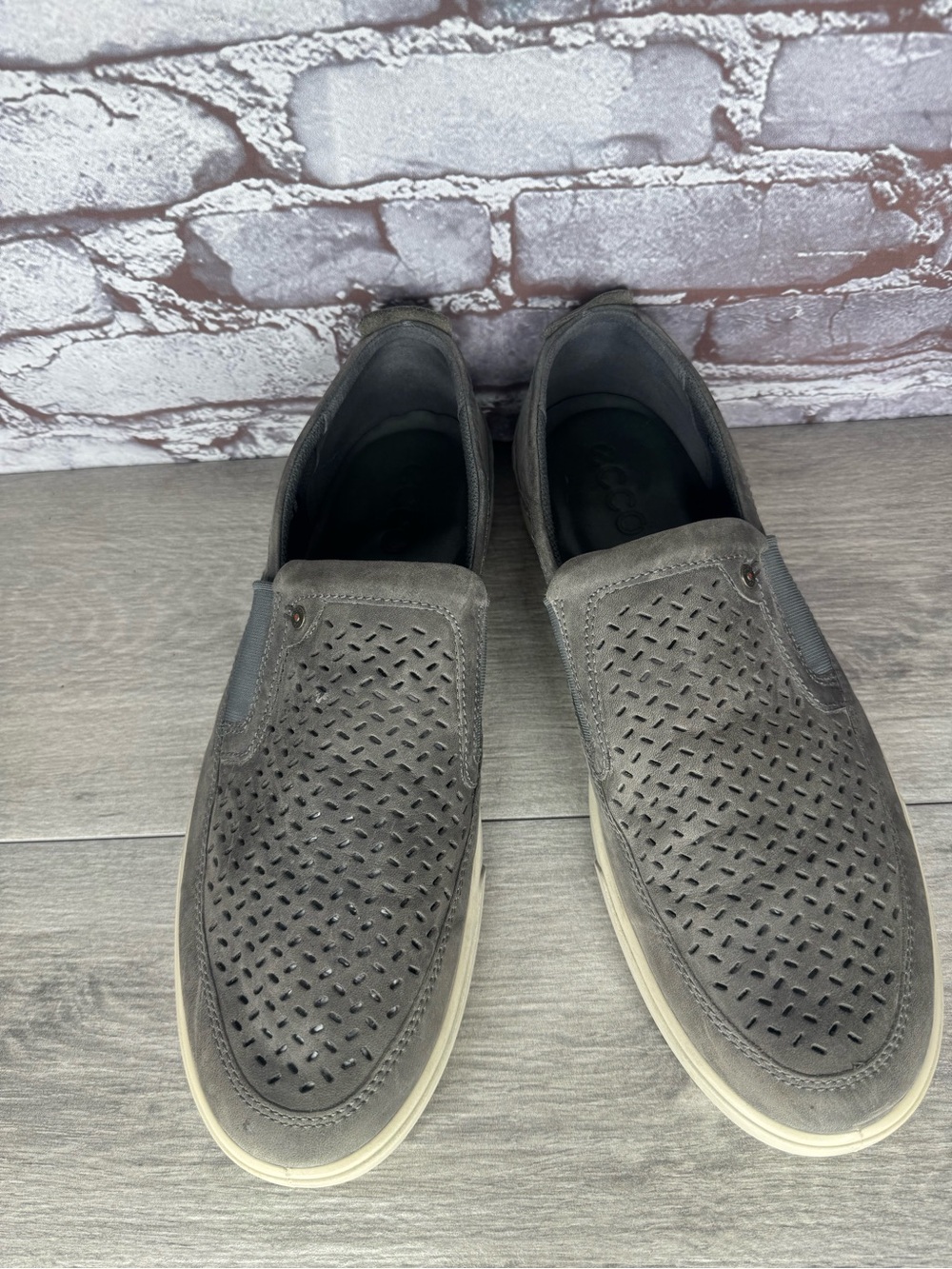 Ecco 1963 Gray Leather Perforated Slip On Sneakers Shoes Men Sz 13M US/47EU